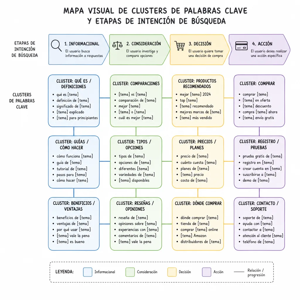 Mapa visual de clusters de palabras clave por etapa de intención de búsqueda: informacional, consideración, decisión y acción